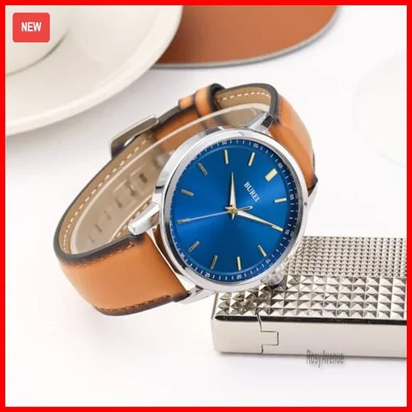 Men's Brown Leather Dress Watch Minimalist Slim Case Analog Quartz